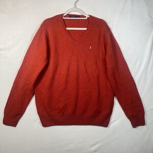 Polo Ralph Lauren 100% Wool V-Neck Sweater XXL Burnt Orange Green Pony Logo